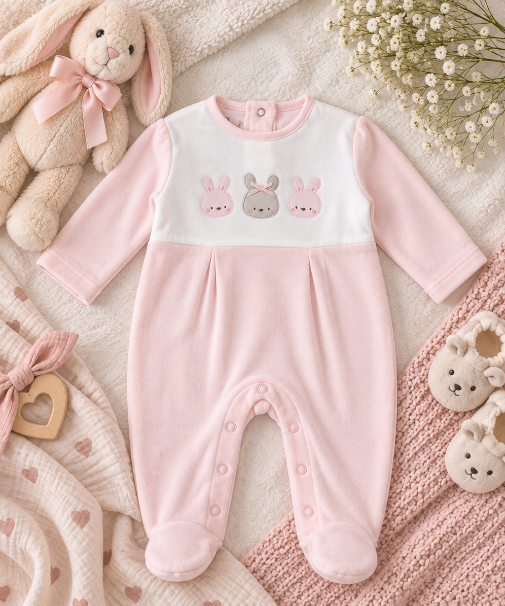Baby Girl Embroidered Velour Sleepsuit