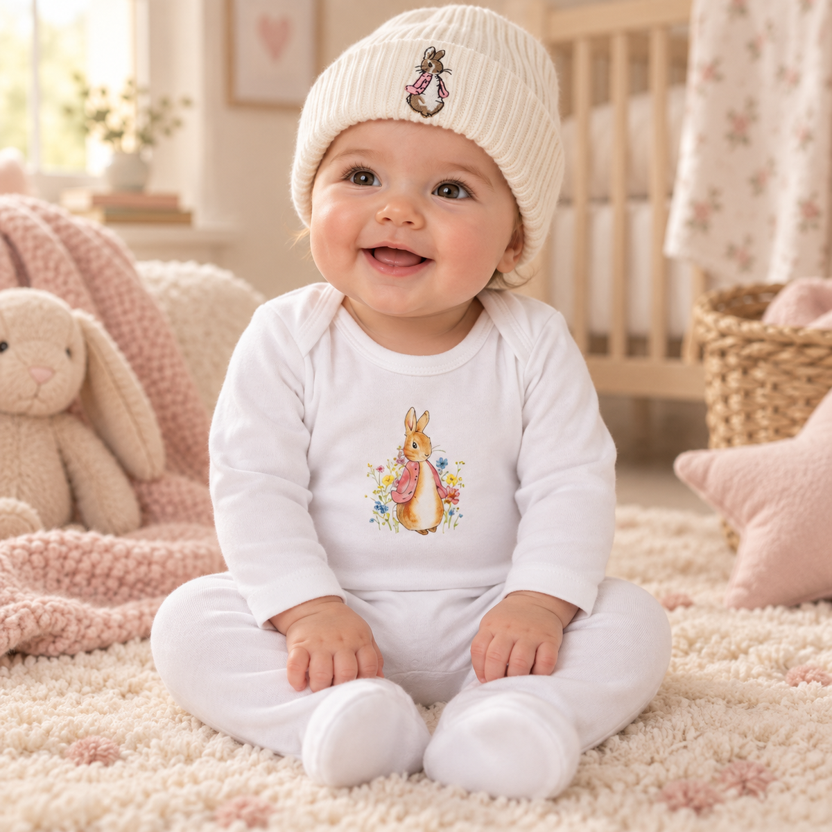 Pink Bunny Sleepsuit & Hat (Matching hat included – one size, best suited to newborn/younger babies)