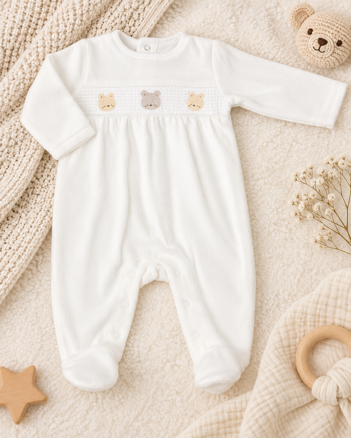 Baby Boy Embroidered Velour Sleepsuit