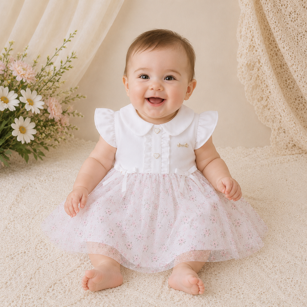 Baby Girls Floral Glitter Romper Style Dress