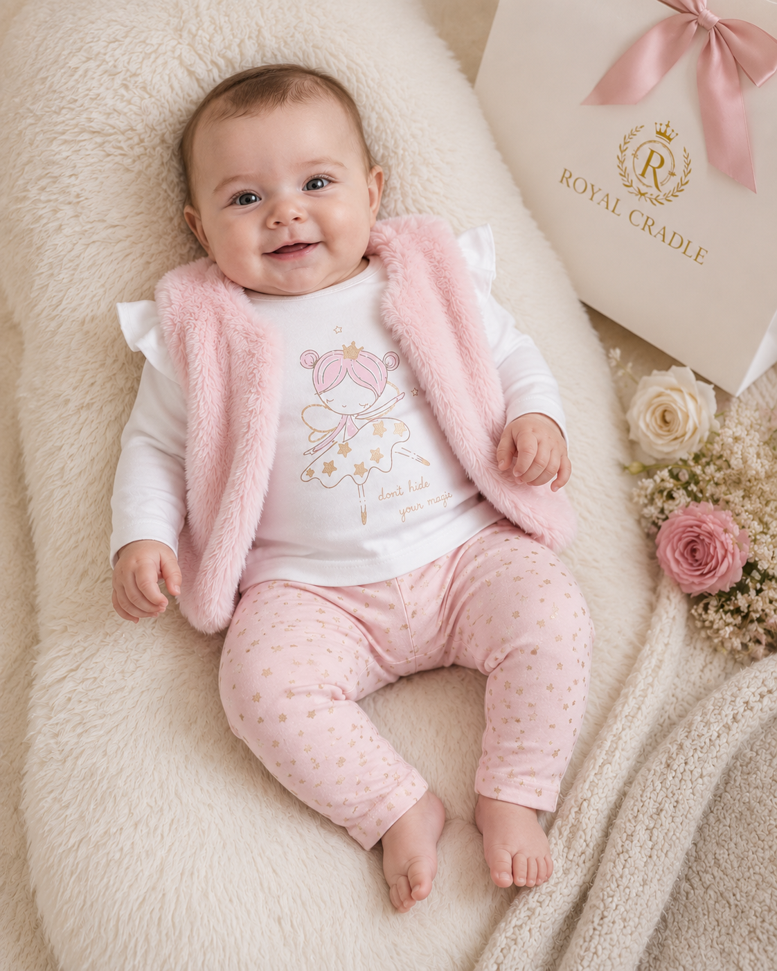 BABY GIRLS FAUX FUR GILET, TOP & LEGGING OUTFIT