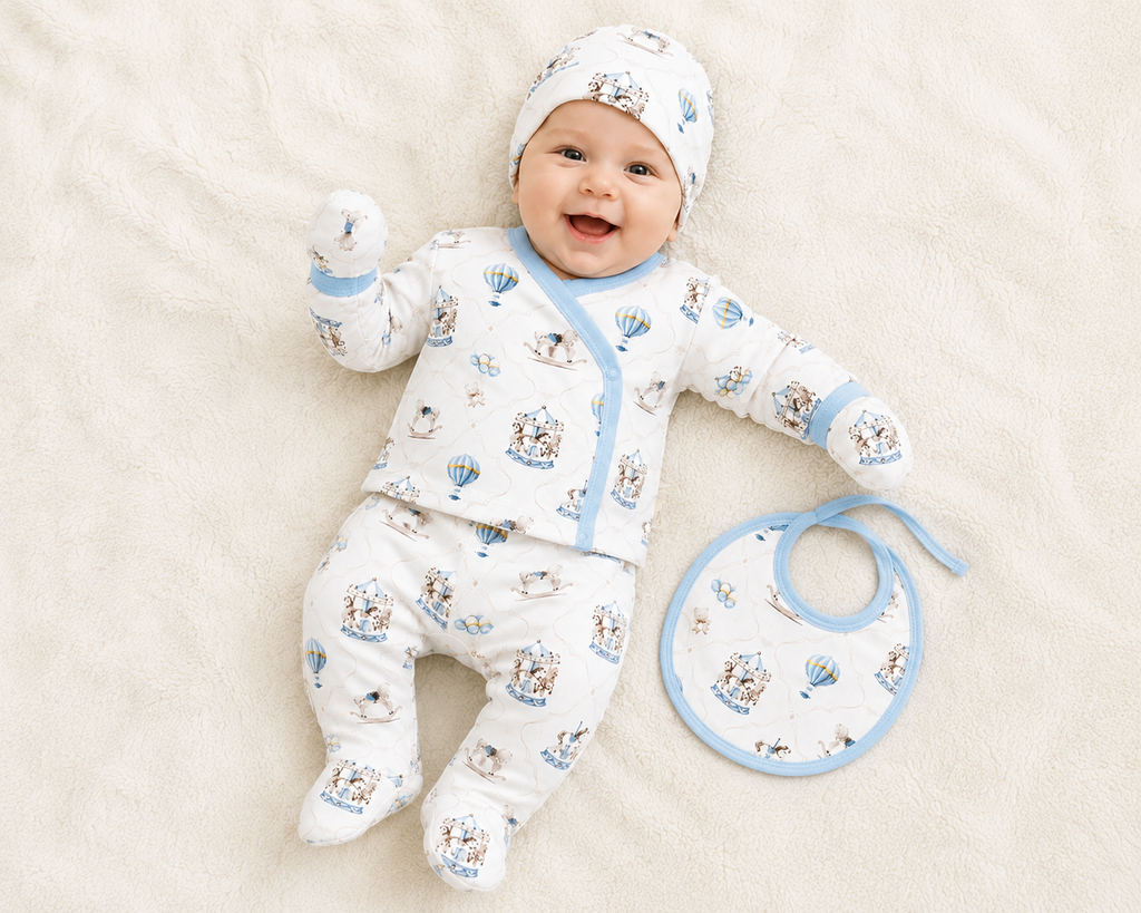 Baby Boys 5pc Carousel Set with Bib, Mittens & Hat