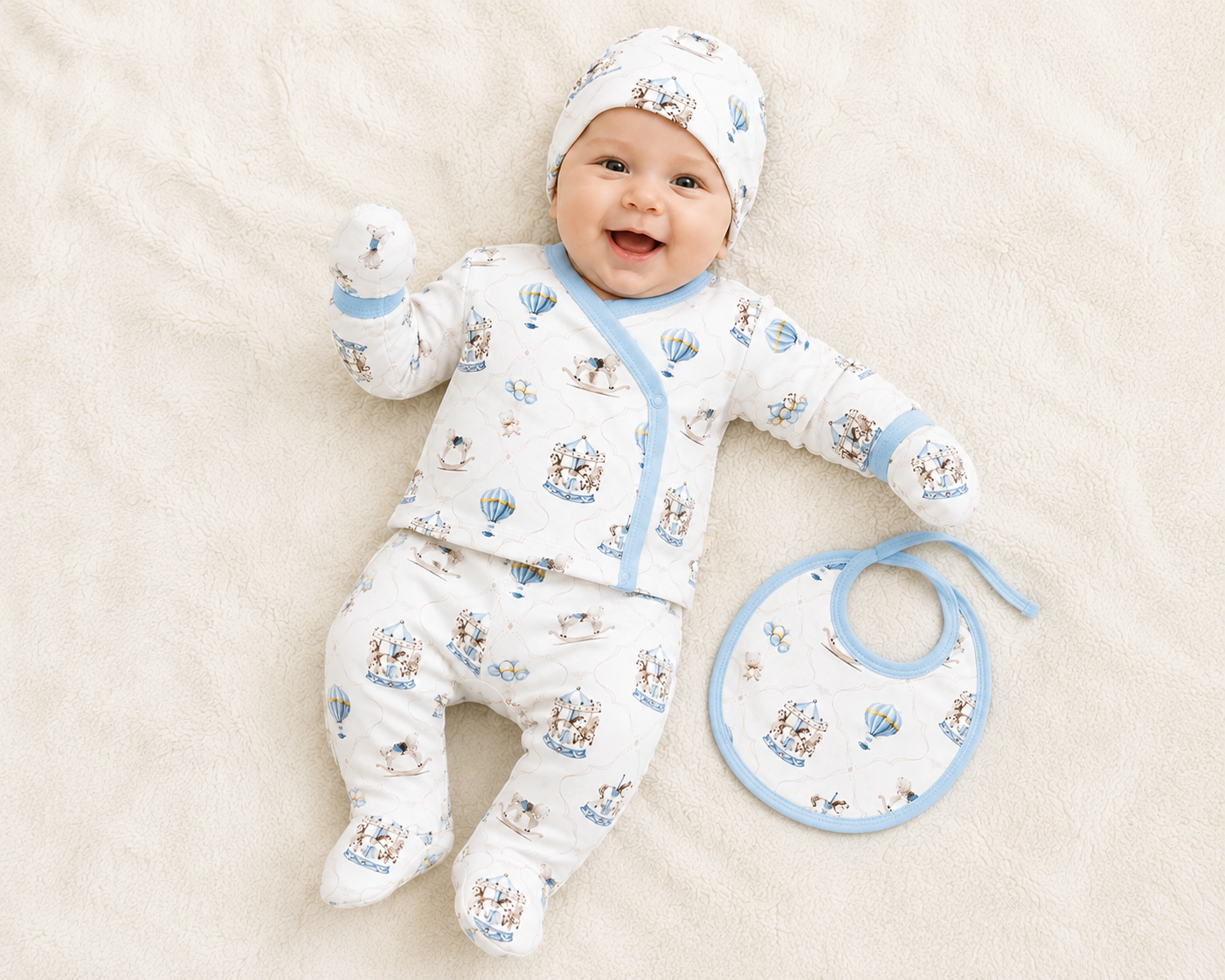 Baby Boys 5pc Carousel Set with Bib, Mittens & Hat