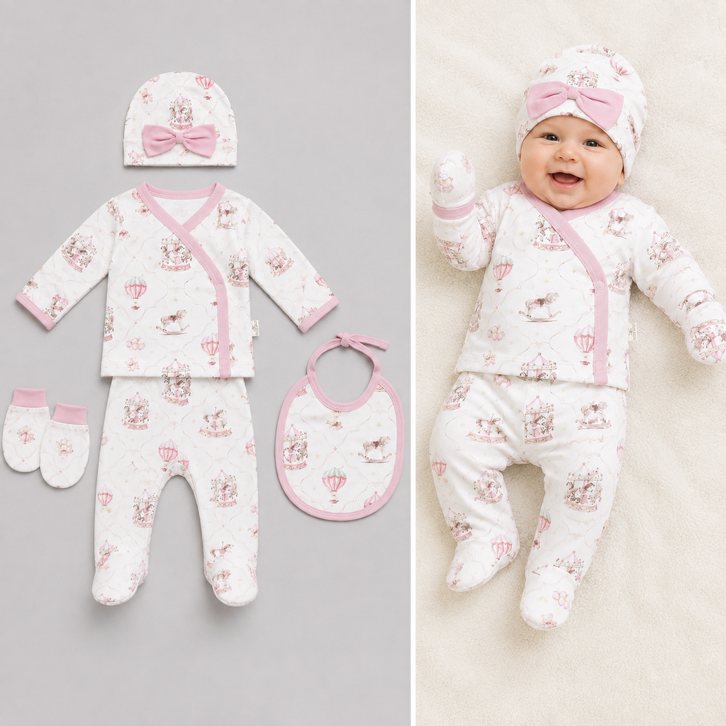 Baby Girls 5pc Carousel Set with Bib, Mittens & Hat