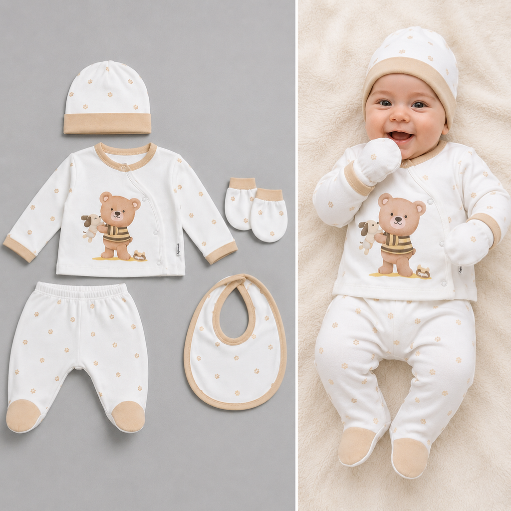 Baby Unisex 5pc Teddy Paw Set with Bib, Mittens & Hat
