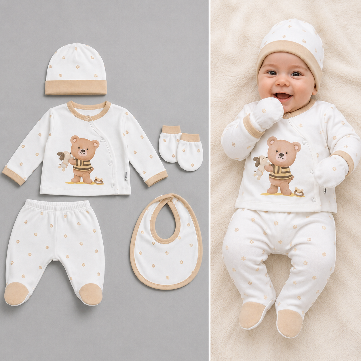 Baby Unisex 5pc Teddy Paw Set with Bib, Mittens & Hat