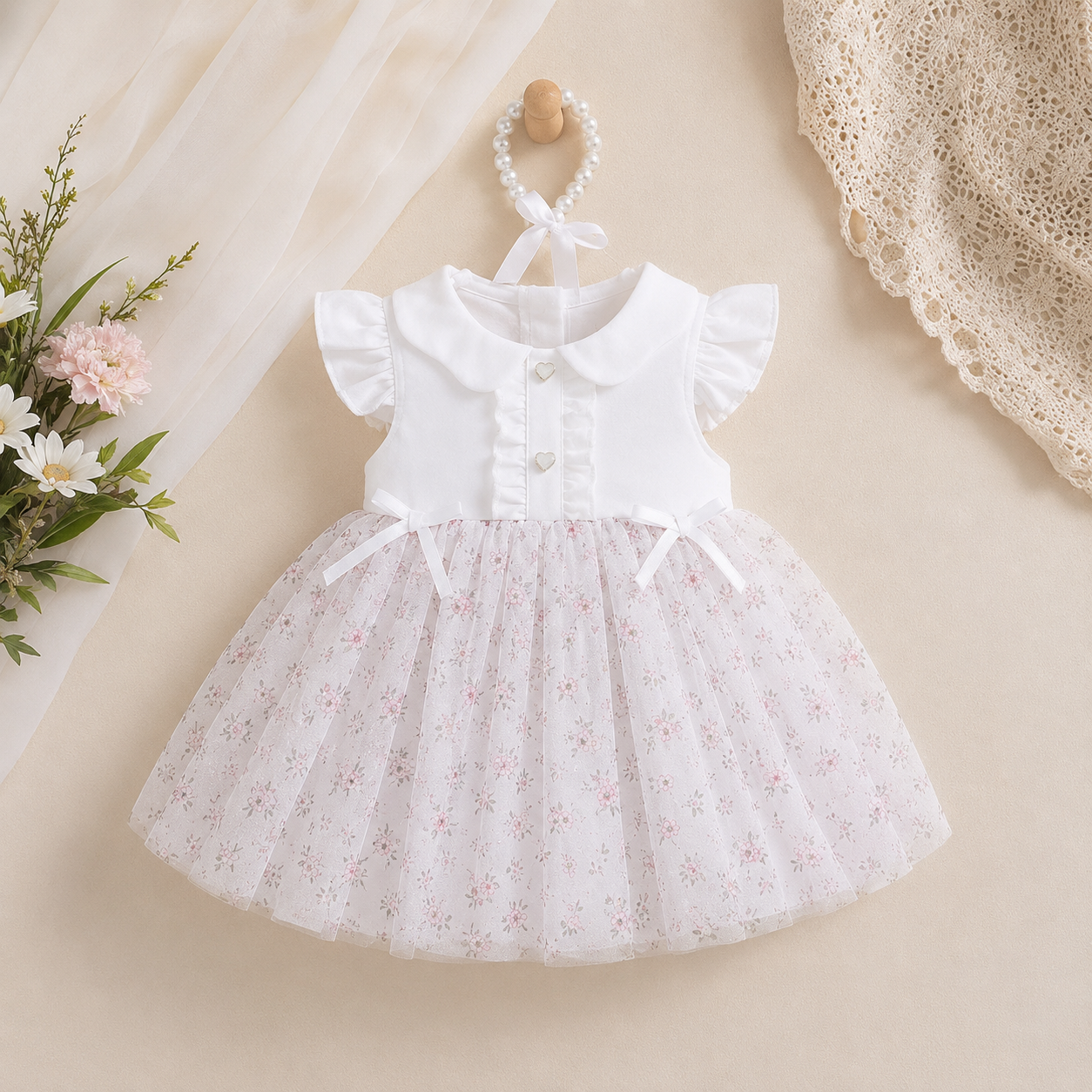 Baby Girls Floral Glitter Romper Style Dress