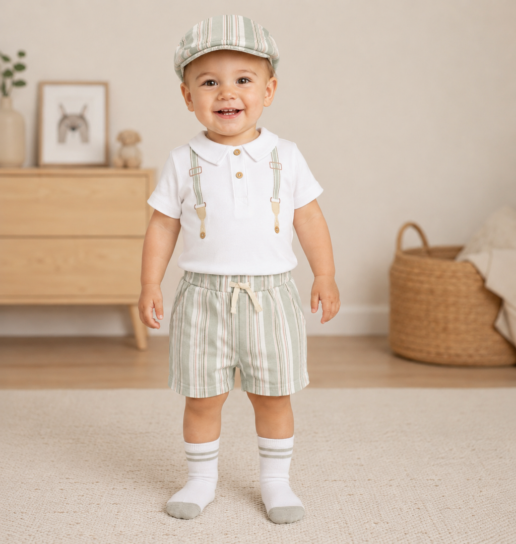 Boy Stripped Bodysuit with shorts, cap and socks