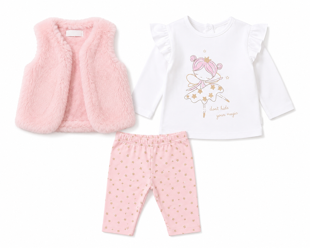 BABY GIRLS FAUX FUR GILET, TOP & LEGGING OUTFIT