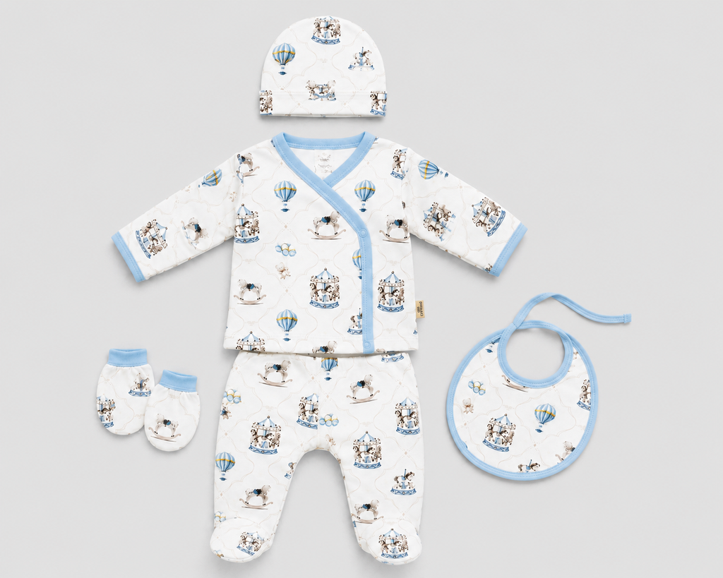 Baby Boys 5pc Carousel Set with Bib, Mittens & Hat
