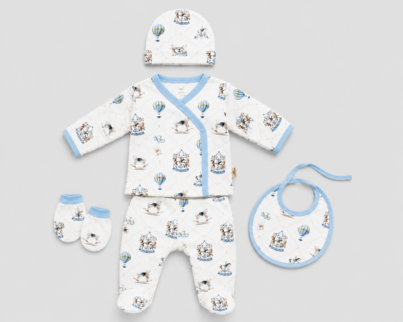 Baby Boys 5pc Carousel Set with Bib, Mittens & Hat