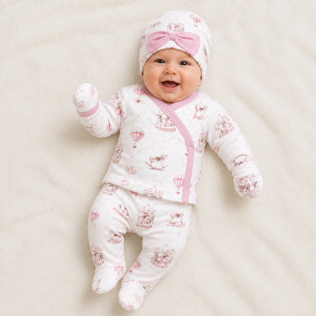 Baby Girls 5pc Carousel Set with Bib, Mittens & Hat