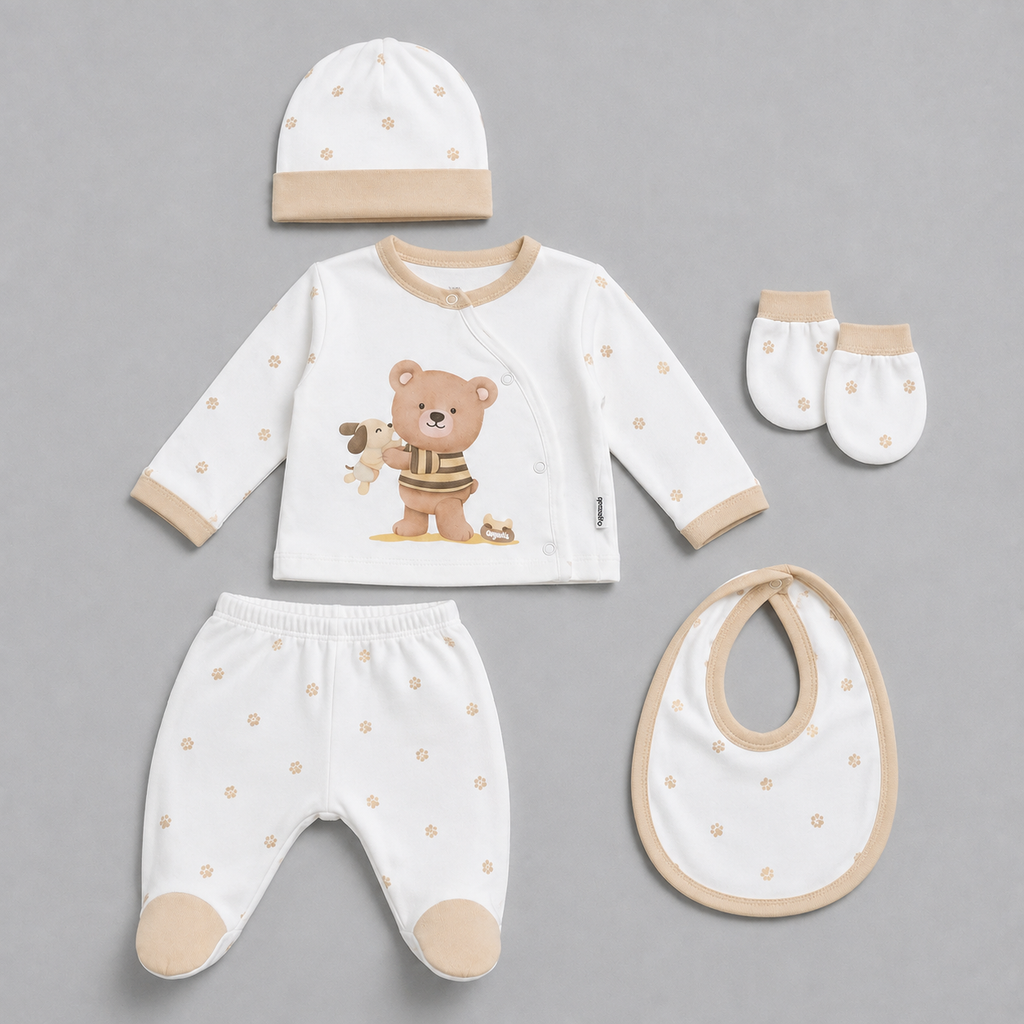 Baby Unisex 5pc Teddy Paw Set with Bib, Mittens & Hat