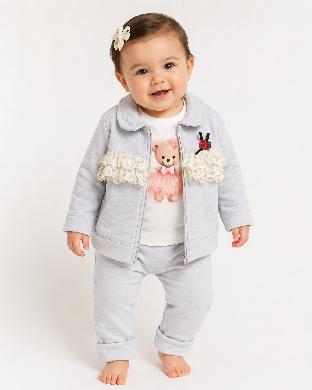 Baby Girls 3pc Lace Teddy Set