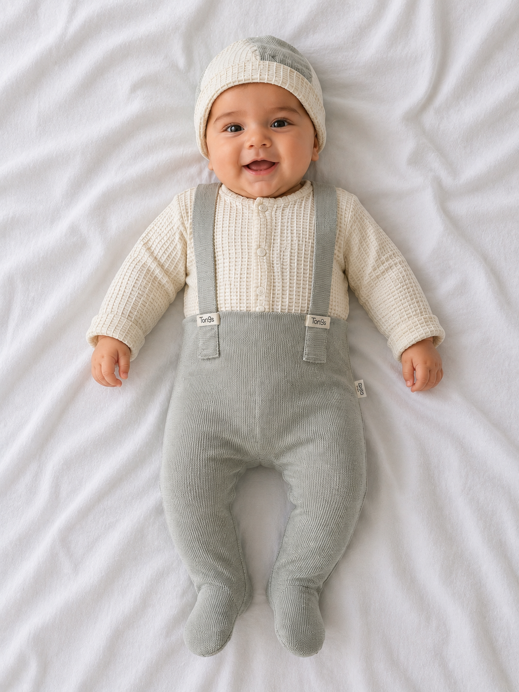 Baby Boys Dungaree Style Romper &amp; Hat Set.