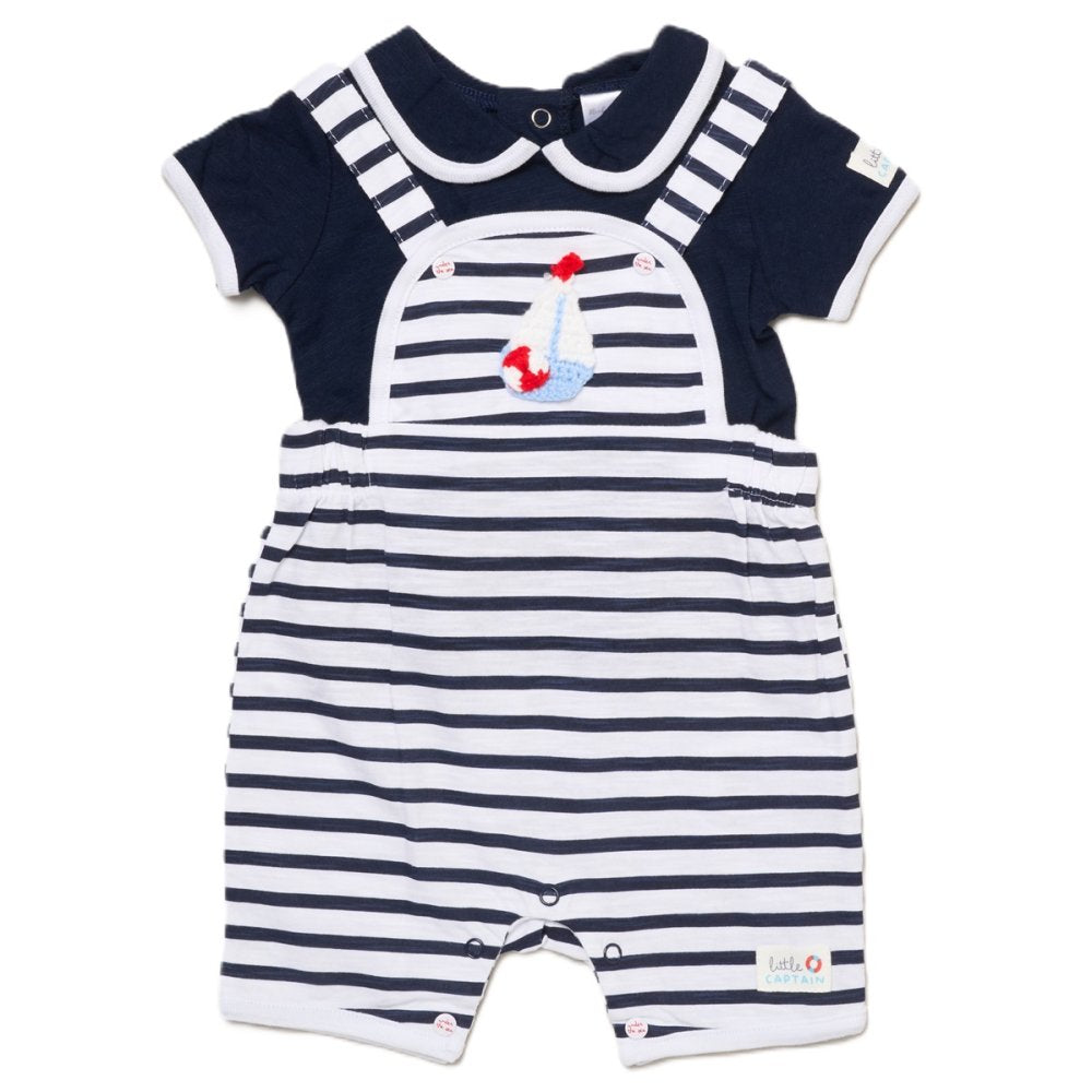 Baby Boys Sailor Dungaree With Crochet Applique & T-Shirt Set