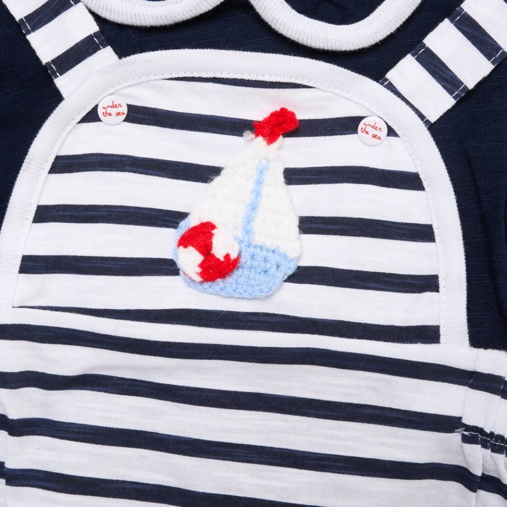 Baby Boys Sailor Dungaree With Crochet Applique & T-Shirt Set