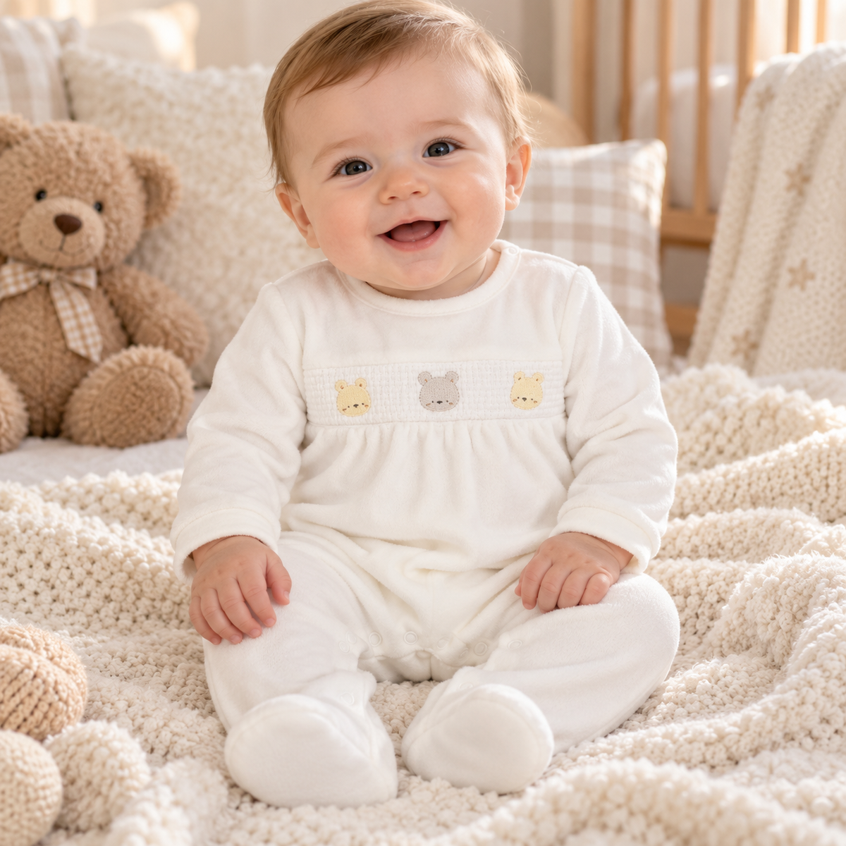 Baby Boy Embroidered Velour Sleepsuit