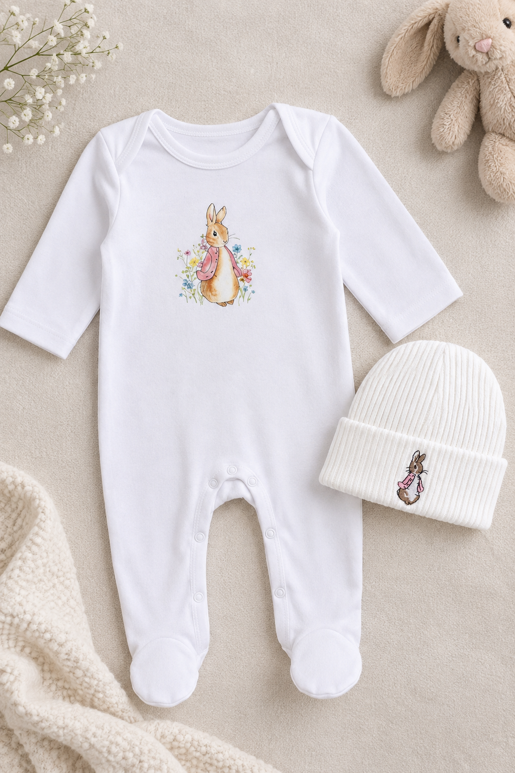 Pink Bunny Sleepsuit & Hat (Matching hat included – one size, best suited to newborn/younger babies)