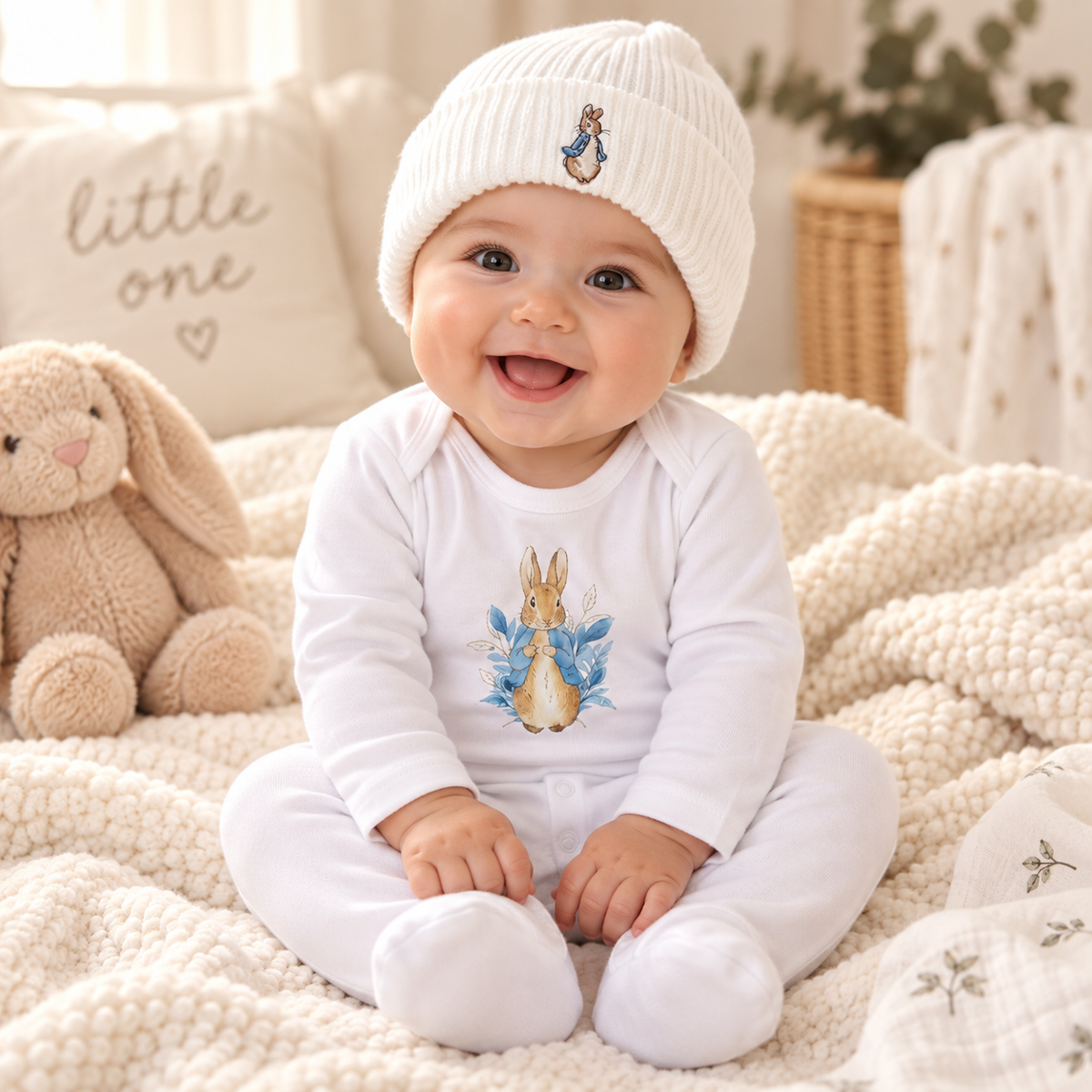Bunny Rabbit Sleepsuit & Hat (Matching hat included – one size, best suited to newborn/younger babies)