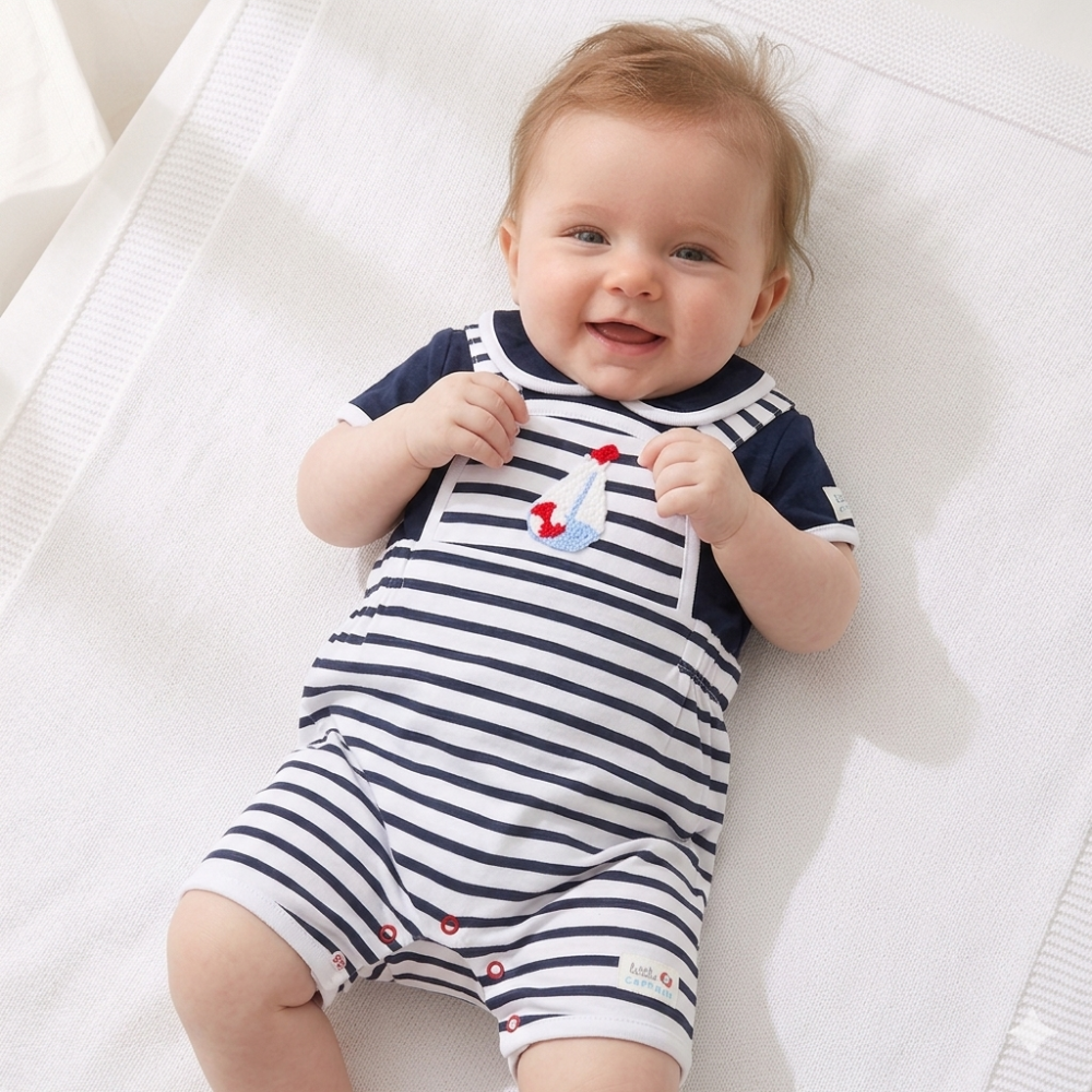 Baby Boys Sailor Dungaree With Crochet Applique & T-Shirt Set